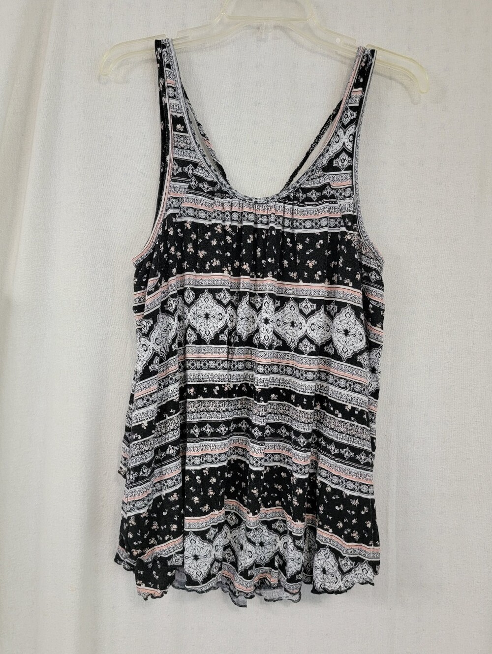 torrid Black Tank Top with White Paisley and Pink Stripe Accents